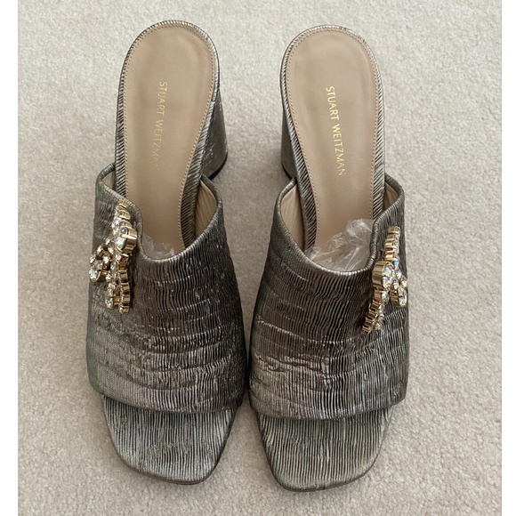 STUART WEITZMAN PLEATED RHINESTONE METALLIC SANDALS - Picture 5 of 11